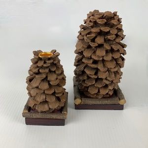 2004 Mary Hughes Pair Pinecone Candlestick Holders 2 sizes Sm Flaw Rustic Decor